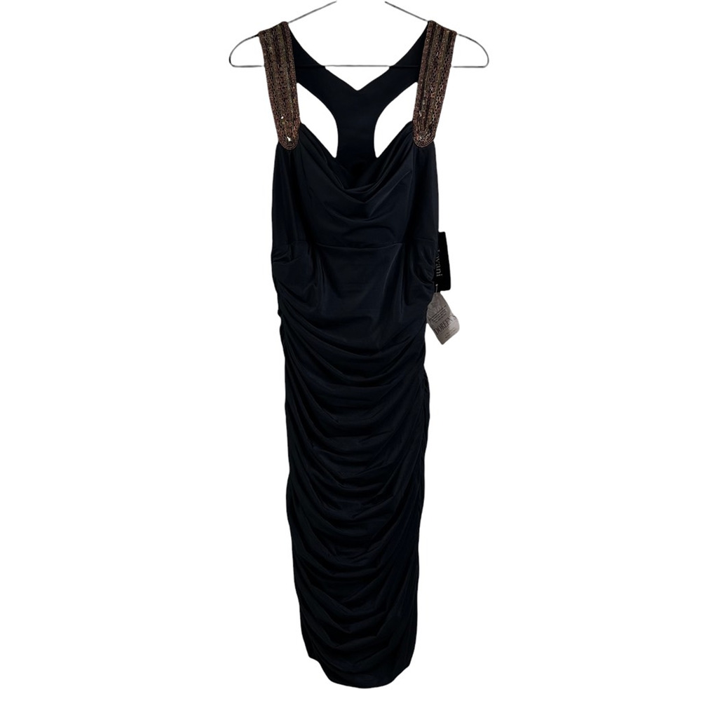 Jovani Womens Sheath Dress Black Ruched Drape Neck Racerback Embellished 6 New